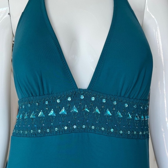 DKNY Teal Green Halter Rhinestone Studded Swimsuit Sz 10 NWT & Cover-Up Dress L - Picture 3 of 14